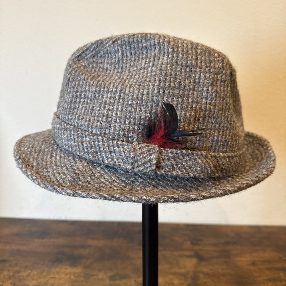 Harris Tweed Herringbone Trilby Hat Garfunkel Wool Gray Medium Mens Fedora